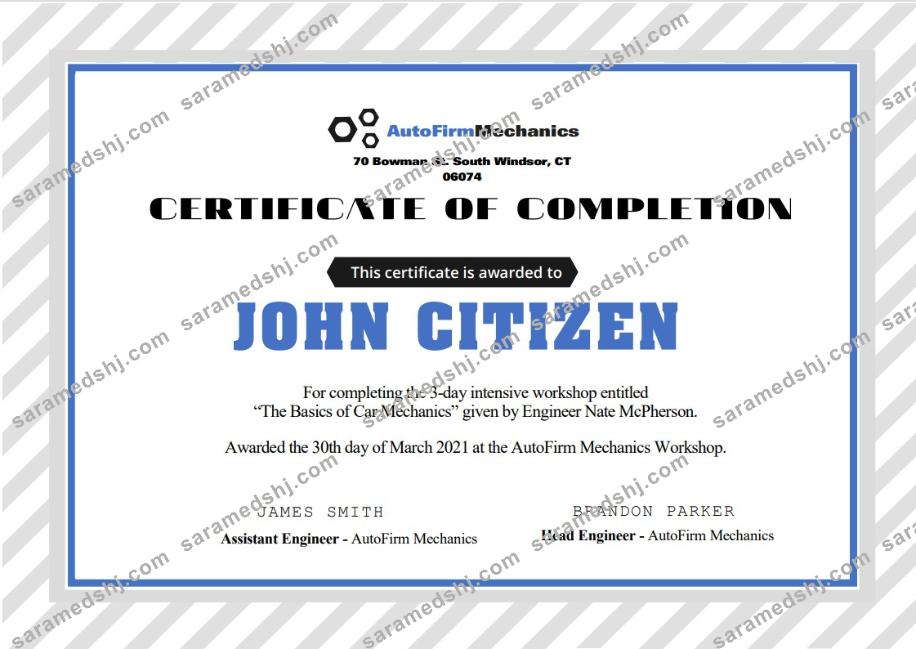 USA Car Workshop Experience Certificate template in Word and PDF format